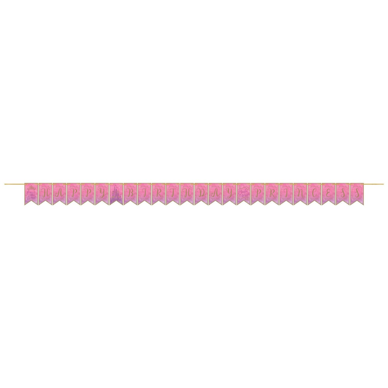 Disney Princess Happy Birthday Banner – Pink & Gold Pennant Party Decoration, 15 ft Ribbon – Princess Birthday Party Supplies